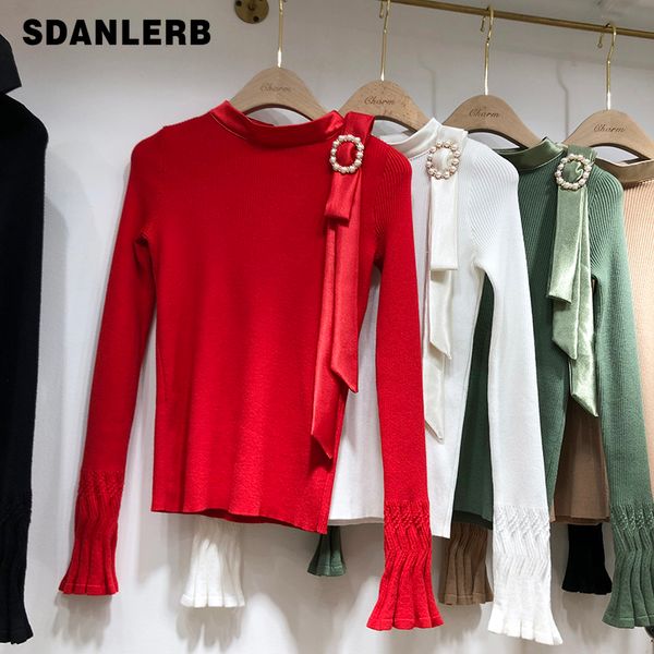 

temperament bow sweater women red sweater female crewneck spliced pearl ribbon horn sleeve knitted shirt sweaters short jumper, White;black
