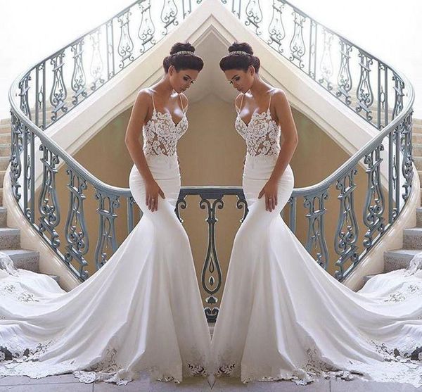 2019 new spaghetti straps lace mermaid beach wedding dresses satin lace applique sweep train boho wedding bridal gowns robes de mariée bc3, White
2019 new spaghetti straps lace mermaid beach wedding dresses satin lace applique sweep train boho wedding bridal gowns robes de mariée bc3, White