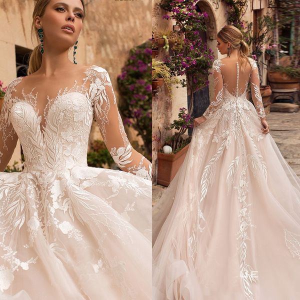 new 2020 a line wedding dresses sheer neck long sleeve tulle bridal gowns lace applique sweep train wedding dress, White
new 2020 a line wedding dresses sheer neck long sleeve tulle bridal gowns lace applique sweep train wedding dress, White