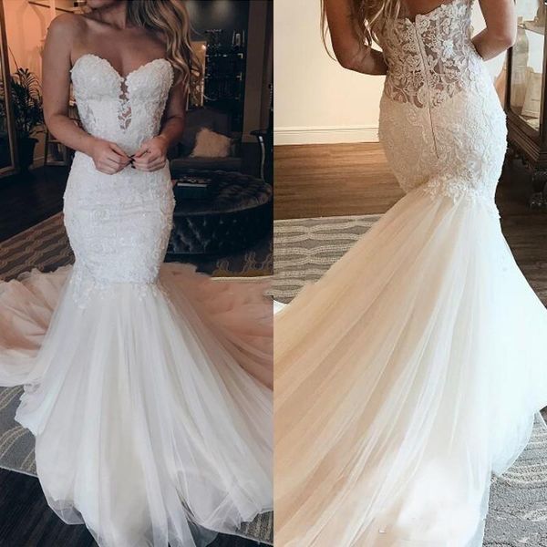charming lace mermaid wedding dresses sweetheart backless illusion court train chic country plus size bridal gowns, White 
charming lace mermaid wedding dresses sweetheart backless illusion court train chic country plus size bridal gowns, White