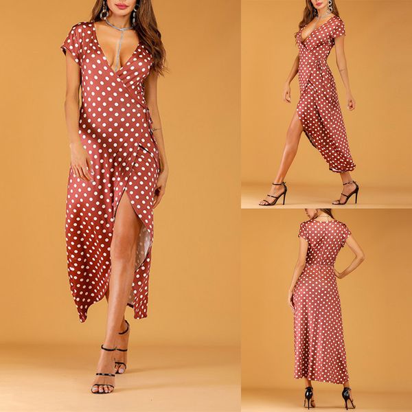 summer dress 2019 womens fashion bohe dot print deep v-neck short sleeve dress ladies party vestidos robe femme @4, Black;gray