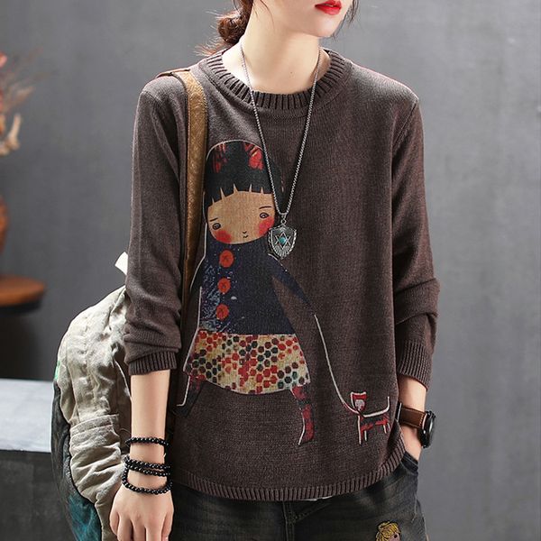 women sweater autumn retro knitting pullovers 2019 new female loose o-neck long-sleeved print character casual sweater, White;black
women sweater autumn retro knitting pullovers 2019 new female loose o-neck long-sleeved print character casual sweater, White;black
