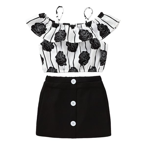 girls sleeveless suspender belt off shoulder rose print and black skirt set baby girl summer t-shirt and dress suit clothing two pieces, White
girls sleeveless suspender belt off shoulder rose print and black skirt set baby girl summer t-shirt and dress suit clothing two pieces, White