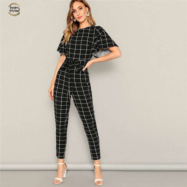 black flutter sleeve belted grid print zipper jumpsuit spring mid waist casual round neck highstreet women jumpsuits, Black;white 
black flutter sleeve belted grid print zipper jumpsuit spring mid waist casual round neck highstreet women jumpsuits, Black;white