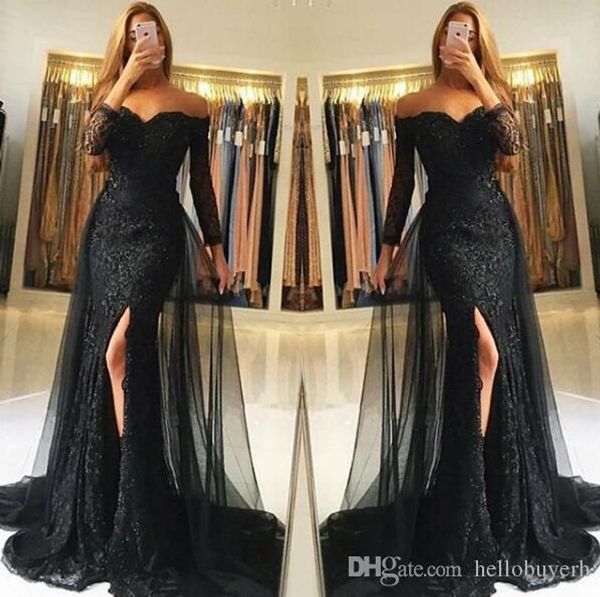 black lace long sleeve sweetheart prom dresses long mermaid slit front formal dresses evening long trian 2018
black lace long sleeve sweetheart prom dresses long mermaid slit front formal dresses evening long trian 2018