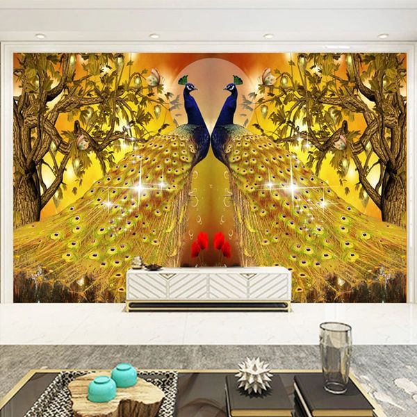

пользовательские 3d обои китайский стиль павлин золотое дерево фото настенная роспись гостиная телевизор диван фон декор стен papel de pared