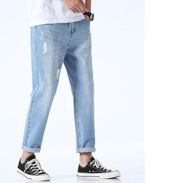 spring and summer light-colored hole beggar nine points jeans straight trend korean version of wild loose harem pants, Blue
spring and summer light-colored hole beggar nine points jeans straight trend korean version of wild loose harem pants, Blue