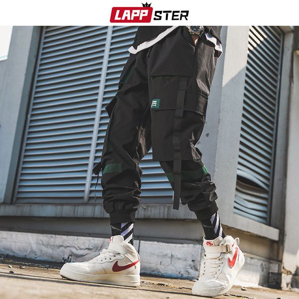 

lappster men ribbons streetwear cargo pants 2019 spring hip hop joggers pants overalls polyester fashions baggy pockets trousers, Black