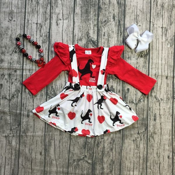 

baby girls clothes cotton halter valentine's day button straps suspender skirt set dinosaur boutique ruffle match accessories, White