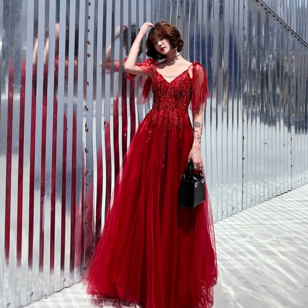 burgundy spaghetti strap evening dress exquisite bling beads prom gown elegant a-line mesh qipao formal party gown vestido, Red
burgundy spaghetti strap evening dress exquisite bling beads prom gown elegant a-line mesh qipao formal party gown vestido, Red