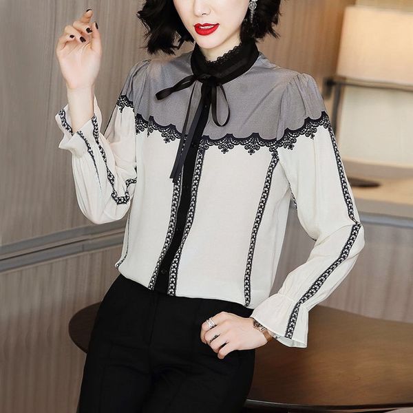 spring fall womens stand collra bow long sleeve lace patchwork white imitation silk blouse shirt , woman blouses
spring fall womens stand collra bow long sleeve lace patchwork white imitation silk blouse shirt , woman blouses