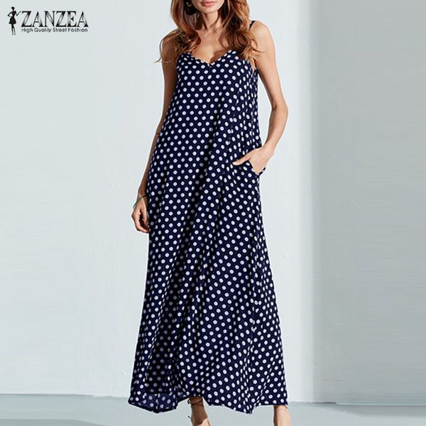 s-6xl plus size summer dress 2019 zanzea women polka dot print v neck sleeveless sundress loose maxi long beach vintage dress, Black;pink 
s-6xl plus size summer dress 2019 zanzea women polka dot print v neck sleeveless sundress loose maxi long beach vintage dress, Black;pink
