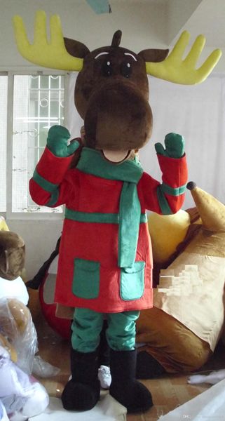 2018 a moose mascot costume with a green scarf and a big coat for sale, Red;yellow
2018 a moose mascot costume with a green scarf and a big coat for sale, Red;yellow