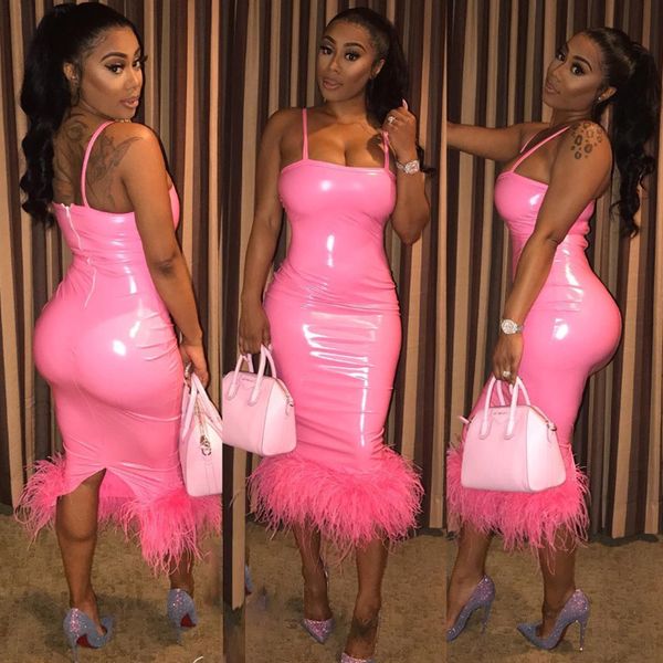 party dress women spaghetti strap pu faux leather club dress slim midi pink feather vestido de festa, White;black
party dress women spaghetti strap pu faux leather club dress slim midi pink feather vestido de festa, White;black