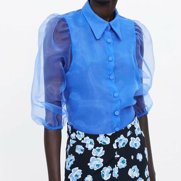 deat 2020 summer england style long lace mesh puff sleeve turn down collar blue blouse women mf639, White
deat 2020 summer england style long lace mesh puff sleeve turn down collar blue blouse women mf639, White