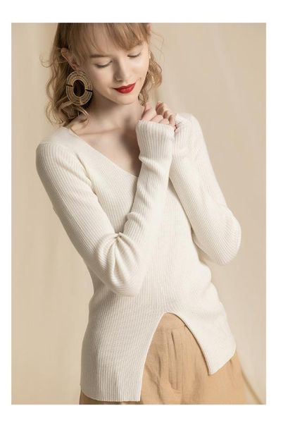 european and american fashion sweater 2020 spring new solid color slim long sleeved v-neck casual women's sweater f941, White;black 
european and american fashion sweater 2020 spring new solid color slim long sleeved v-neck casual women's sweater f941, White;black