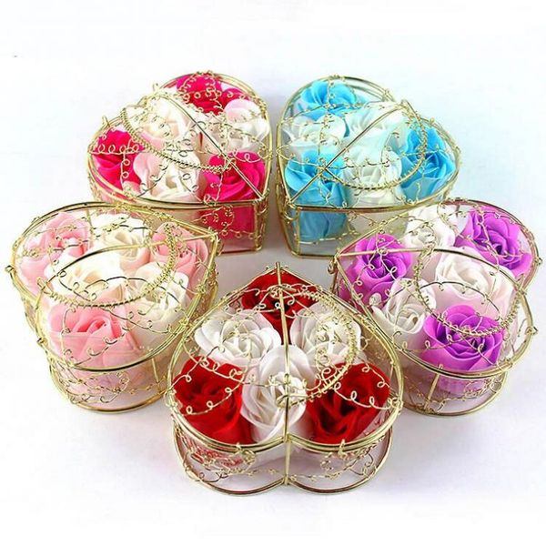 6ppc Rose Soap Flowers Valentine Roses Gold Plated Iron Baske Rose Soap Flower For Romantic Soap Rose Gift Hand Made