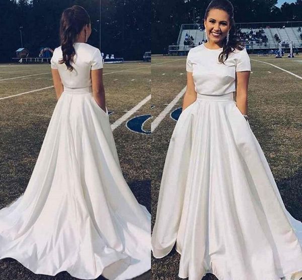 two piece satin wedding dresses 2019 jewel neck short sleeve chapel train simple design country garden bridal gowns for wedding, White
two piece satin wedding dresses 2019 jewel neck short sleeve chapel train simple design country garden bridal gowns for wedding, White