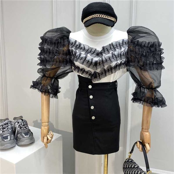 women summer t-shirt summer mesh ruffles puff sleeve panel round neck pullover color matching shirt t-shirt women tshirt tee, White
women summer t-shirt summer mesh ruffles puff sleeve panel round neck pullover color matching shirt t-shirt women tshirt tee, White