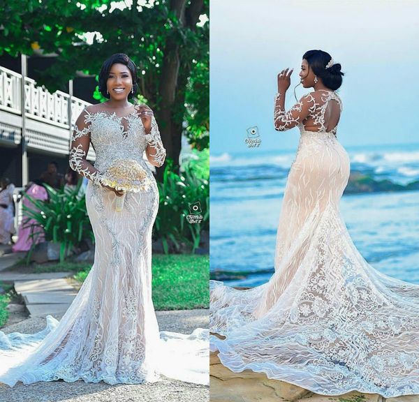 african plus size wedding dresses 2019 lace applique sheer jewel neck mermaid wedding gowns with lining sweep train long sleeve bridal dress, White
african plus size wedding dresses 2019 lace applique sheer jewel neck mermaid wedding gowns with lining sweep train long sleeve bridal dress, White