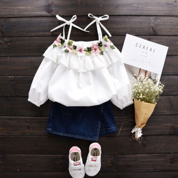 summer new cute toddler kids girls flower strap off shoulder shirt blouse denim skirts shorts outfits children clothes sets, White
summer new cute toddler kids girls flower strap off shoulder shirt blouse denim skirts shorts outfits children clothes sets, White