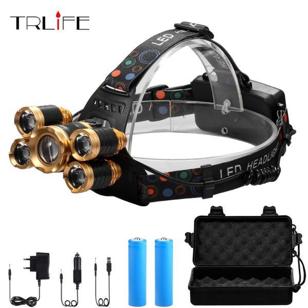 5*t6 Led Headlight 4mode Zoomable Headlamp Usb Rechargeable Head Lamp +2*18650 Battery+ac/dc Charger+box