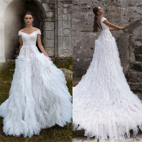 2020 gorgeous a line wedding dresses off the shoulder backless tiered skirts appliqued court train custom made bridal gowns, White
2020 gorgeous a line wedding dresses off the shoulder backless tiered skirts appliqued court train custom made bridal gowns, White