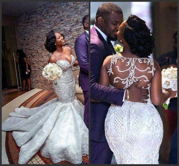 2019 luxury beaded mermaid wedding dress plus size sheer back black girl crystals beach bridal gown custom made, White
2019 luxury beaded mermaid wedding dress plus size sheer back black girl crystals beach bridal gown custom made, White