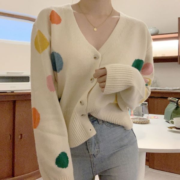 colorful polka dot sweater women loose wearing 2020 spring new korean long-sleeved knitted cardigan jacket, White
colorful polka dot sweater women loose wearing 2020 spring new korean long-sleeved knitted cardigan jacket, White