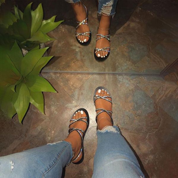 women's summer glitter sandals cross tie crystal bling casual falt women's open toe ladies beach shoes female buckle outdoor new, Black
women's summer glitter sandals cross tie crystal bling casual falt women's open toe ladies beach shoes female buckle outdoor new, Black