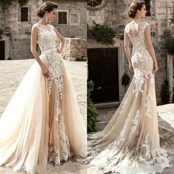 2019 vintage mermaid wedding dresses with detachable train sleeveless lace applique beach wedding dress summer boho bridal gowns custom made, White
2019 vintage mermaid wedding dresses with detachable train sleeveless lace applique beach wedding dress summer boho bridal gowns custom made, White