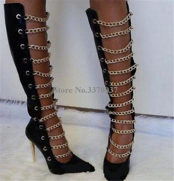 women fashion pointed toe black leather gold chain design knee high boots stiletto heel gladiator long boots dress shoes
women fashion pointed toe black leather gold chain design knee high boots stiletto heel gladiator long boots dress shoes