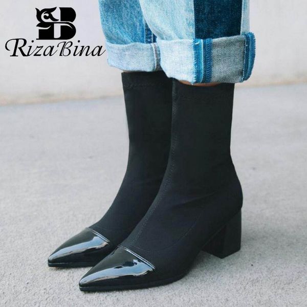 rizabina women ankle boots autumn winter elastic knitted stretch shoes women pointed toe high heels short boots size 33-43, Black