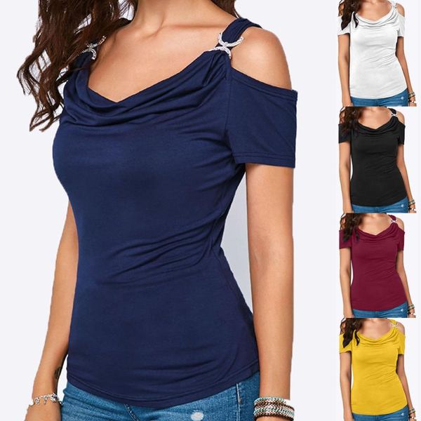 women casual cold shoulder draped collar shirt short sleeve t-shirt#20, White
women casual cold shoulder draped collar shirt short sleeve t-shirt#20, White