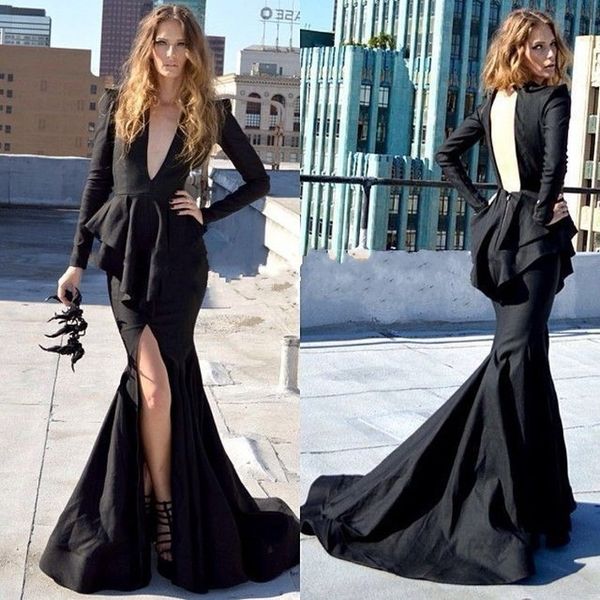 уникальные черные платья выпускного вечера с длинными рукавами и глубоким v-образным вырезом с вырезом спереди русалка вечерние платья сексу, Black 
уникальные черные платья выпускного вечера с длинными рукавами и глубоким v-образным вырезом с вырезом спереди русалка вечерние платья сексу, Black