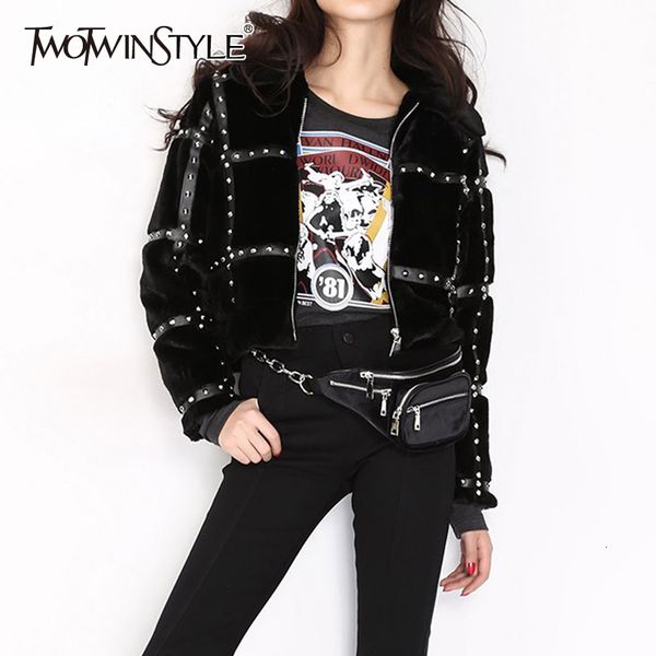 twotwinstyle pu leather patchwork fur rivet jackets female lapel collar long sleeve hit color autumn winter coats women clothing, Black
twotwinstyle pu leather patchwork fur rivet jackets female lapel collar long sleeve hit color autumn winter coats women clothing, Black