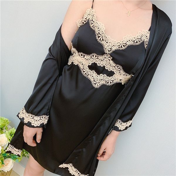 2019 autumn new ice silk women robe set gold lace with chest pad cardigan twinset sleepwear, Black;red
2019 autumn new ice silk women robe set gold lace with chest pad cardigan twinset sleepwear, Black;red