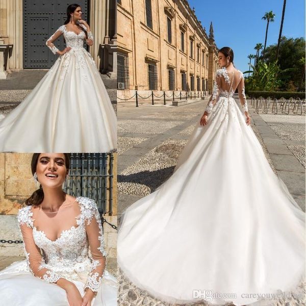 new designer milla nova lace wedding dresses 2019 sheer neck applique a line long sleeves sweep train wedding dress bridal gowns custom made, White
new designer milla nova lace wedding dresses 2019 sheer neck applique a line long sleeves sweep train wedding dress bridal gowns custom made, White