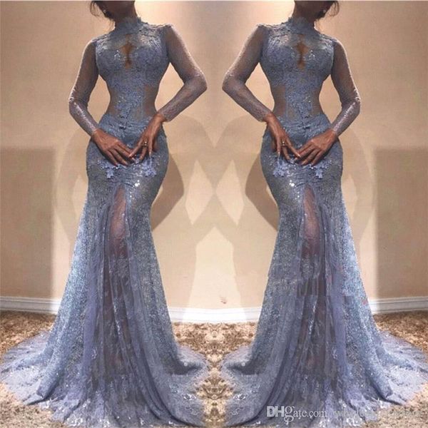 2020 high neck lace mermaid evening dresses sheer long illusion sleeves applique see through sweep train formal party prom dresses, Black;red
2020 high neck lace mermaid evening dresses sheer long illusion sleeves applique see through sweep train formal party prom dresses, Black;red