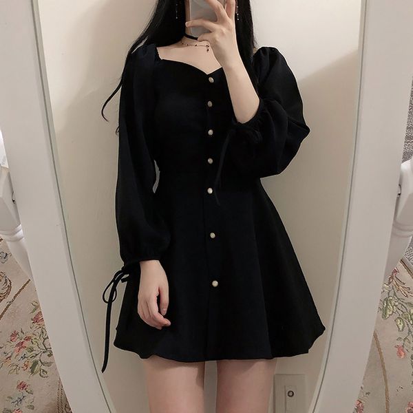 korean mini dress women sweet square collar single-breasted high waist puff sleeve summer dress vintage party dress lace up w193, Black;gray
korean mini dress women sweet square collar single-breasted high waist puff sleeve summer dress vintage party dress lace up w193, Black;gray