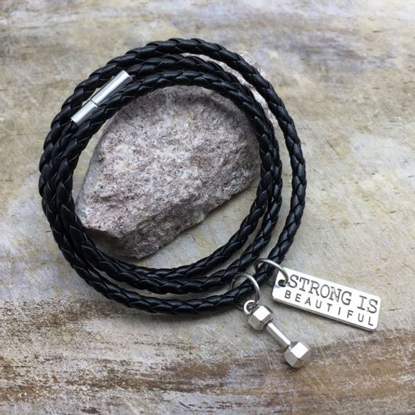 ancient silver dumbbell strong is beautiful letter charm bracelets leather rope woven multilayer creative designer bracelets fitness jewelry, Golden;silver 
ancient silver dumbbell strong is beautiful letter charm bracelets leather rope woven multilayer creative designer bracelets fitness jewelry, Golden;silver