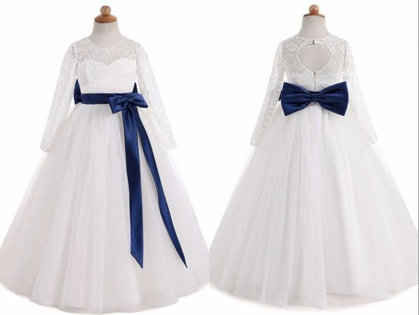 white with navy ribbon bows flower girls dresses for weddings real p jewel long sleeves illusion princess designer kids dress cheap, White;blue
white with navy ribbon bows flower girls dresses for weddings real p jewel long sleeves illusion princess designer kids dress cheap, White;blue