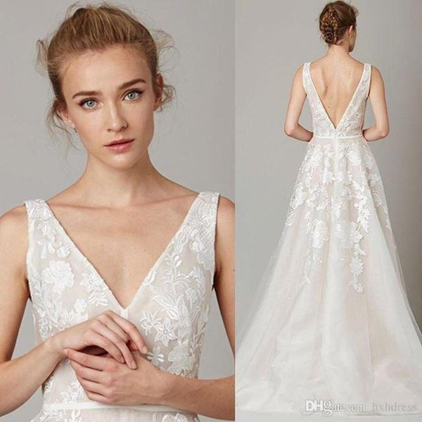 2020 new zuhair murad backless wedding dresses v neckline lace appliqued tulle chapel a-line sweep train bridal gowns 636, White
2020 new zuhair murad backless wedding dresses v neckline lace appliqued tulle chapel a-line sweep train bridal gowns 636, White