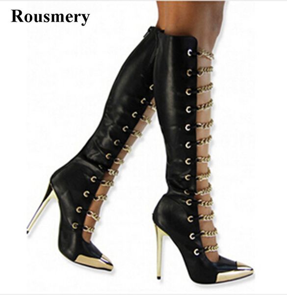 selling women fashion pointed gold metal toe knee high boots chain design stiletto heel gladiator boots high heel, Black
selling women fashion pointed gold metal toe knee high boots chain design stiletto heel gladiator boots high heel, Black
