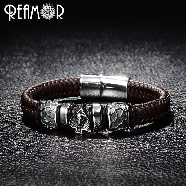 reamor punk style bangle 316l stainless steel spades skull head charms trendy male bracelet black wide braided leather bracelets, Golden;silver
reamor punk style bangle 316l stainless steel spades skull head charms trendy male bracelet black wide braided leather bracelets, Golden;silver