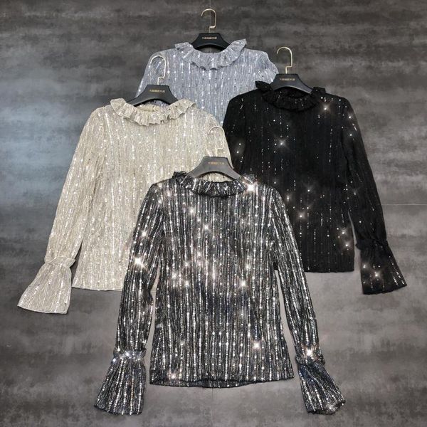 see through women 2020 new vertical strip ruffled collar long sleeve shirt sequined shirt club night blusas, White
see through women 2020 new vertical strip ruffled collar long sleeve shirt sequined shirt club night blusas, White
