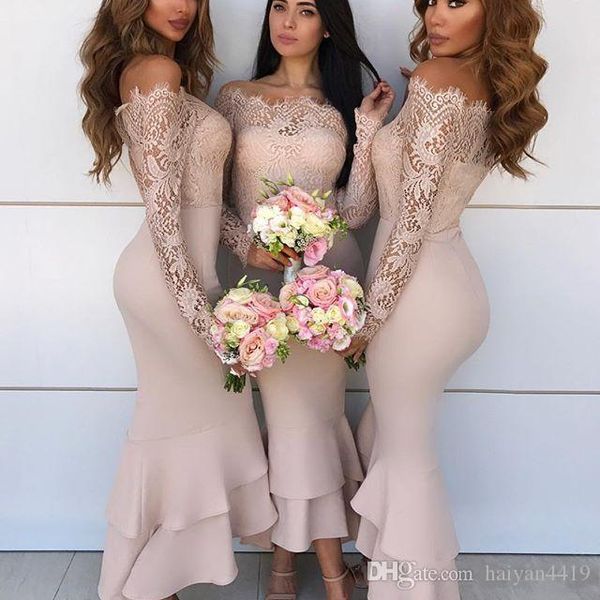 2020 blush pink mermaid bridesmaid dresses long sleeves off shoulder lace tiered ruffles wedding guest tea length maid of honor gowns, White;pink
2020 blush pink mermaid bridesmaid dresses long sleeves off shoulder lace tiered ruffles wedding guest tea length maid of honor gowns, White;pink