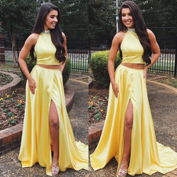 lovely a line high neck two pieces prom dresses with high split yellow beaded satin long evening party dress, Black
lovely a line high neck two pieces prom dresses with high split yellow beaded satin long evening party dress, Black