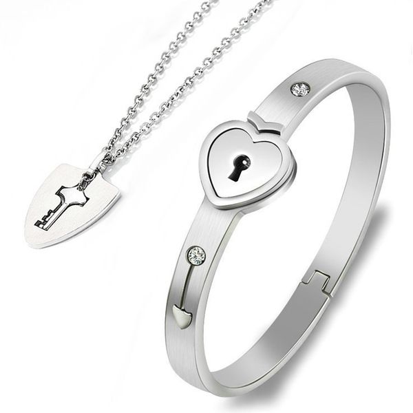 couple bracelet necklace set stainless steel love heart lock jewelry set fea889, Silver
couple bracelet necklace set stainless steel love heart lock jewelry set fea889, Silver