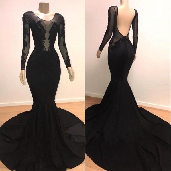 

2019 mermaid black prom dresses long sleeves illusion bodices lace applique backless formal evening gowns court train